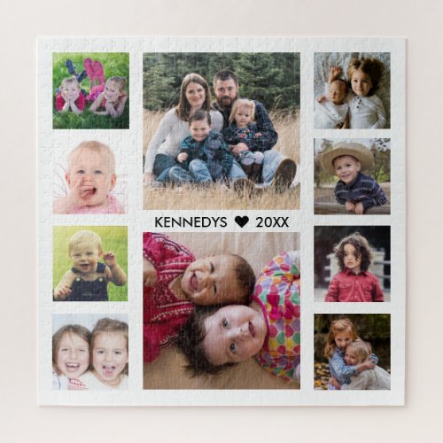 Create Your Own White 10 Photo Collage Family Name Jigsaw Puzzle