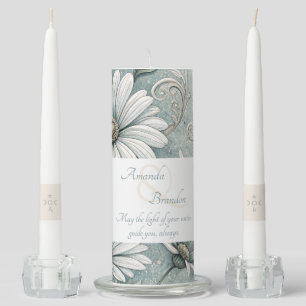 Create Your Own White Daisy Teal Vintage Floral Unity Candle Set