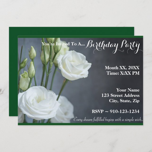 Create Your Own White Rose Birthday Invitation (Front/Back)