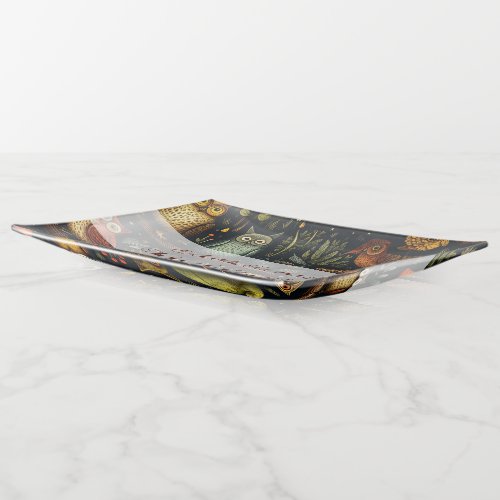 Create Your Own Wild Forest Owls Birds Black Trinket Tray