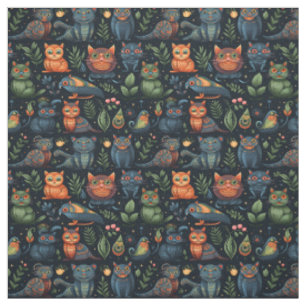 Create Your Own Wild Goblin Cats Birds Black Fabric