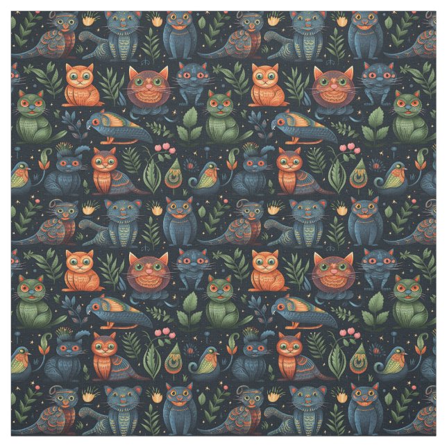 Create Your Own Wild Goblin Cats Birds Black Fabric