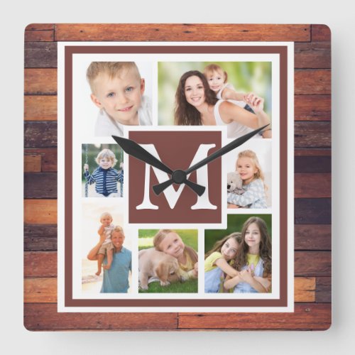 Create Your Photo Collage Rustic Wood Monogram Square Wall Clock