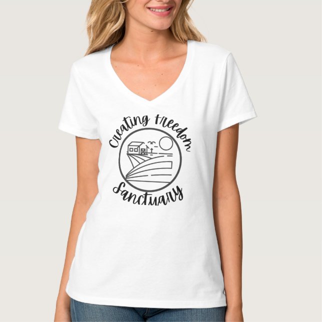 Creating Freedom Sanctuary Women's White V-Neck T-Shirt (Front)