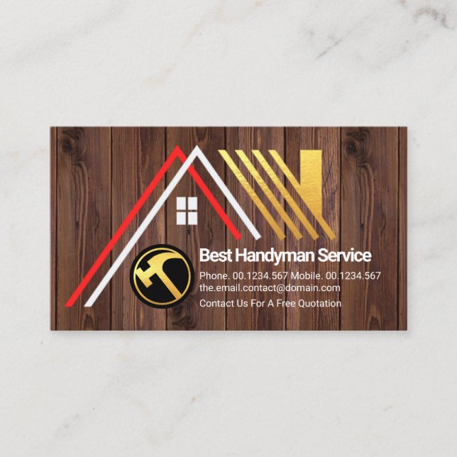 Creative A-Frame Gold Roof On Timber Wood Business Card (Front)
