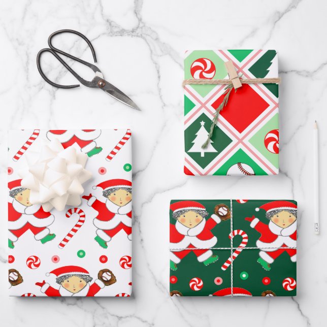 Creative Baseball Christmas Holiday Gift Wrapping Paper Sheets (Front)