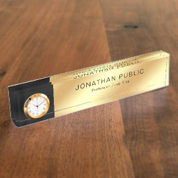Creative Black And Gold Modern Template With Clock Desk Name Plate