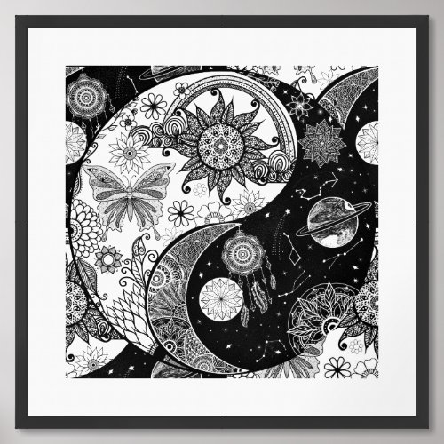 Creative Black white Yin Yang Night Day Mandala Framed Art