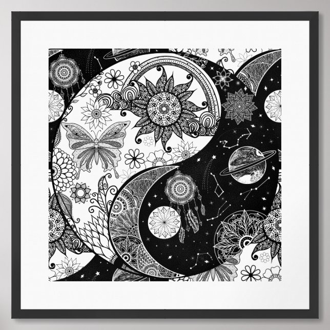 Creative Black white Yin Yang Night Day Mandala Framed Art (Framed Front)