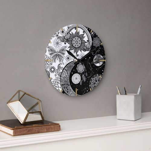 Creative Black white Yin Yang Night Day Mandala Large Clock