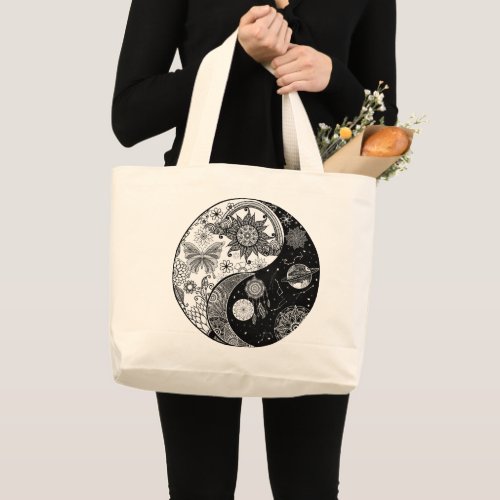 Creative Black white Yin Yang Night Day Mandala Large Tote Bag