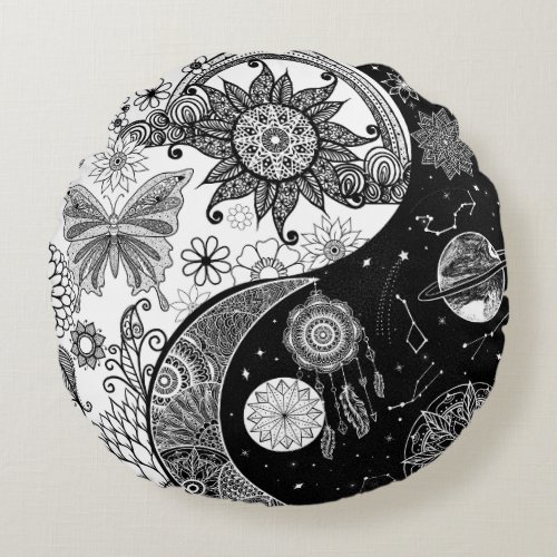 Creative Black white Yin Yang Night Day Mandala Round Pillow