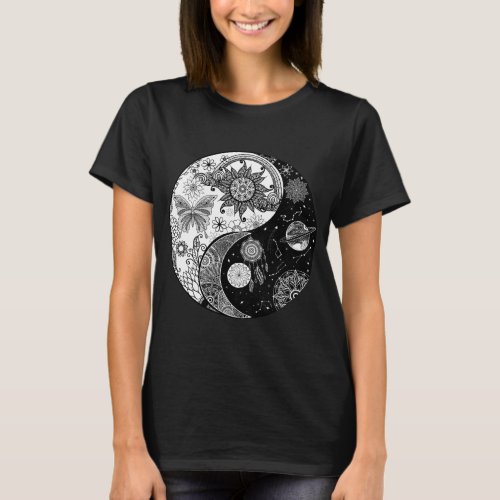 Creative Black white Yin Yang Night Day Mandala T_Shirt