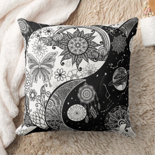 Creative Black white Yin Yang Night Day Mandala Throw Pillow