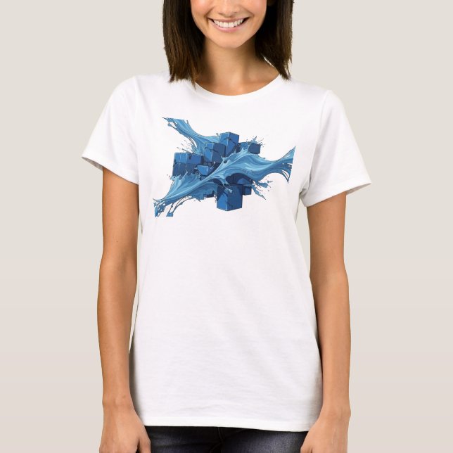 Creative Blue Abstract Cubes Visual Design T-Shirt (Front)