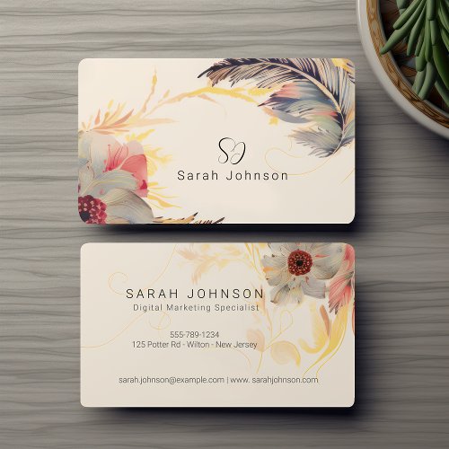 Creative Bohemian Floral  Feather With Monogram  Business Card