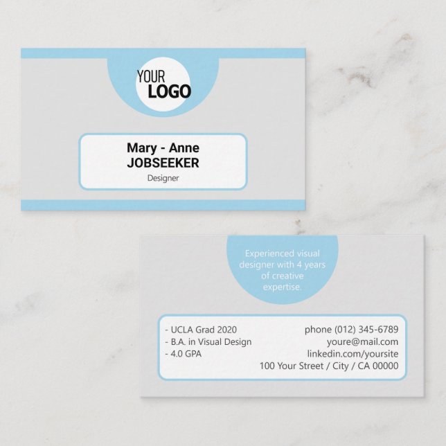 Creative Classic Job Seeker Gray Blue Frame Logo Business Card (Front/Back)