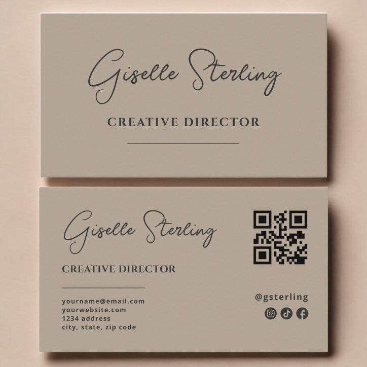 Creative Director Neutral Taupe Script QR Code Business Card