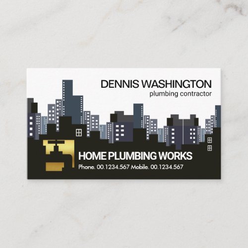 Creative Downtown City Skyline Gold Faucet Plumber Business Card