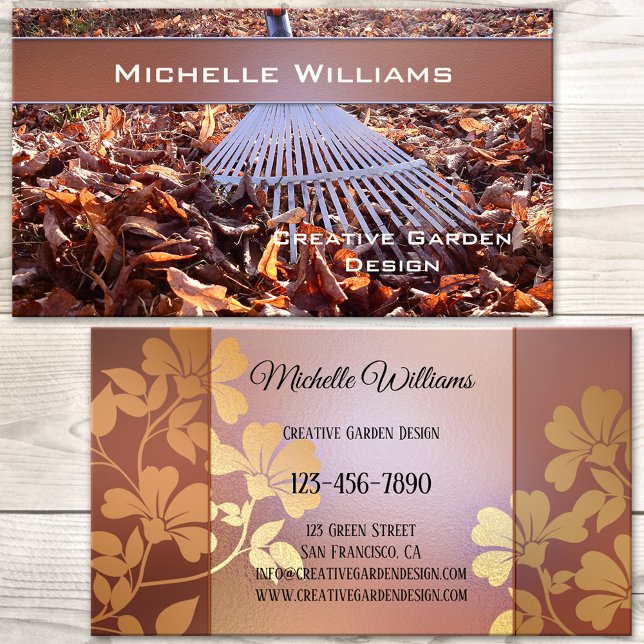 Creative Garden Design Landscaping Business Card (Gardener business card featuring a rake and an artistic floral design in gold and rose gold)