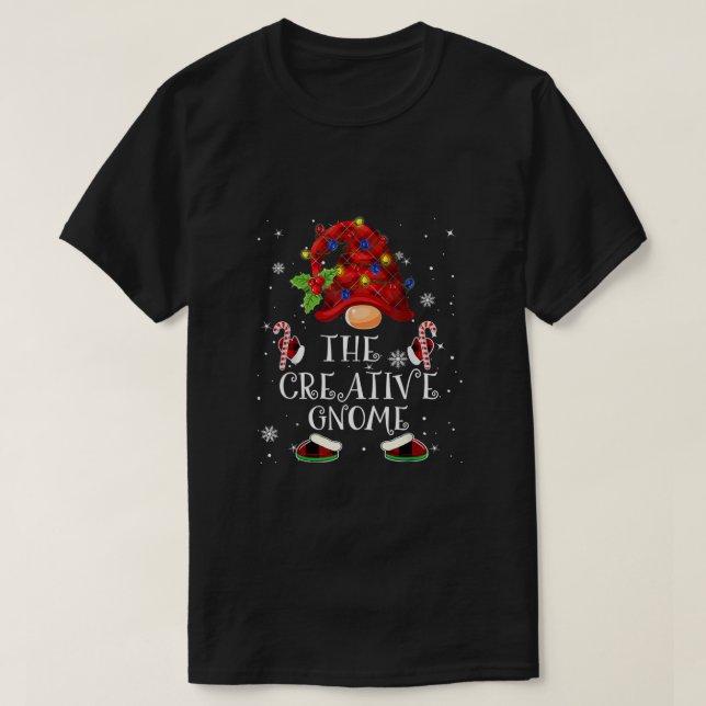 Creative Gnome Buffalo Plaid Christmas Tree Light  T-Shirt (Design Front)
