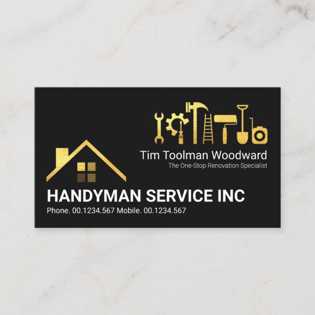 Creative Gold Rooftop Handyman Tools Renovation Business Card (Front)
