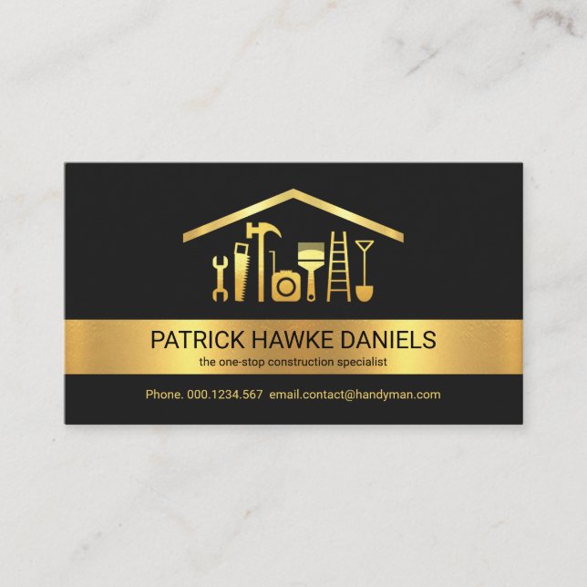 Creative Gold Stripe Rooftop Handyman Tools Business Card (Front)