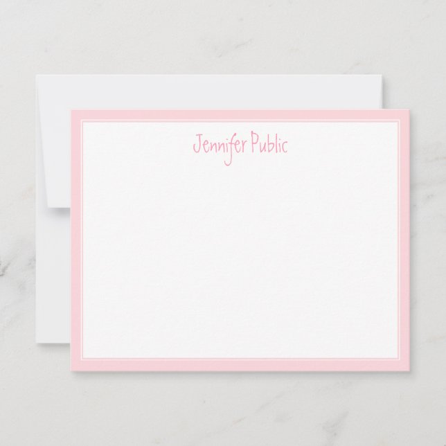 Creative Hand Script Name Text Pink Border White Note Card (Front)