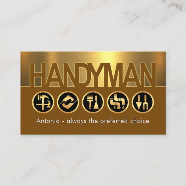 Creative Handyman Signage On Gold Layer Business Card (Front)