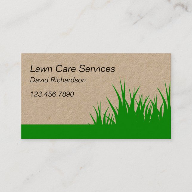Creative Lawn Mowing Care Services Green Kraft Eco Business Card (Front)
