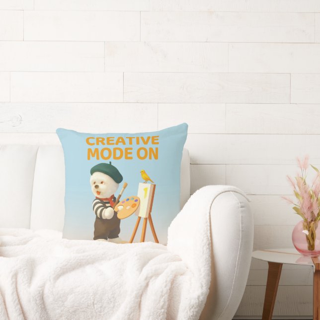 Creative Mode On: Painter Bichon Dog Artist Art Throw Pillow (Couch)