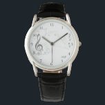 *~*Creative Modern Classic Musical Note G-Clef Watch<br><div class="desc">* Muted Gray Color Creative Modern Classic Music Staff Elements With Treble G-Clef And Notes on a Men's Wrist Watch * There is 1 line of text for you to change, keep or delete. It can be used for the man's name, monogram or initials. This watch would make a great...</div>