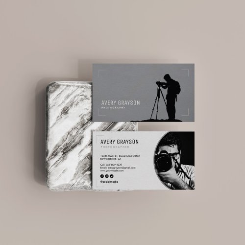 Creative Modern Photographer White and Gray Business Card
