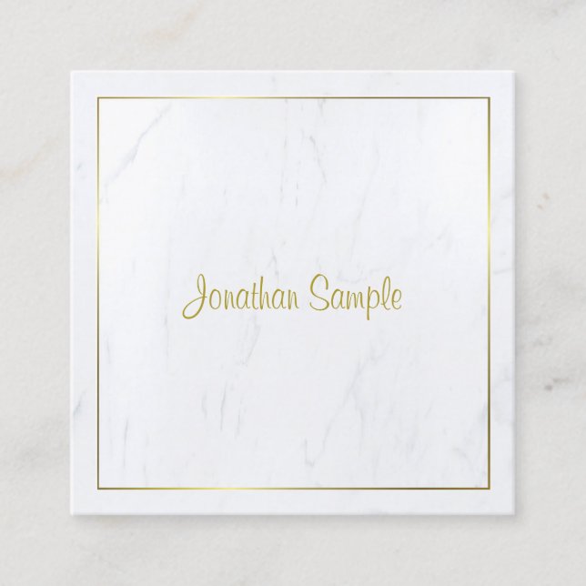Creative Modern White Marble Gold Script Luxurious Square Business Card (Front)