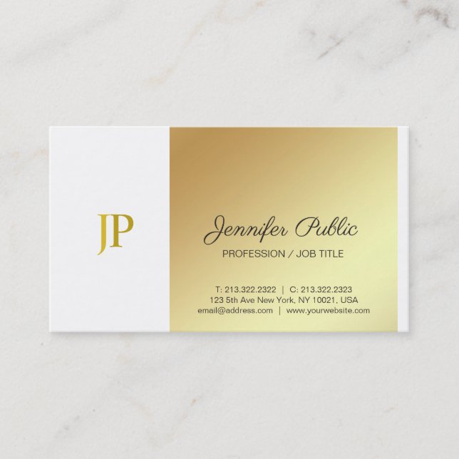 Creative Monogram White and Gold Plain Luxury Business Card (Front)