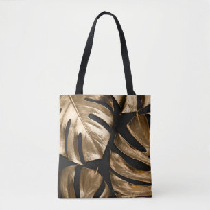 Creative monstera leaves, black background. tote bag