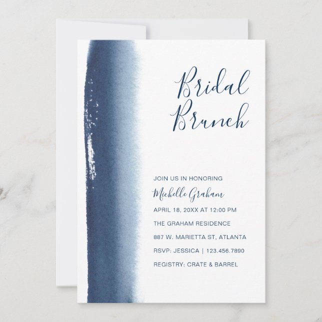 Creative Navy Blue Watercolor Bridal Brunch Invitation (Front)