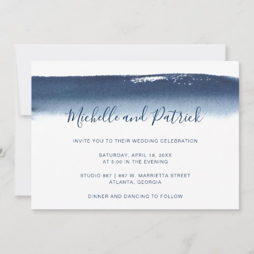 Creative Navy Blue Watercolor Brushstroke Wedding Invitation