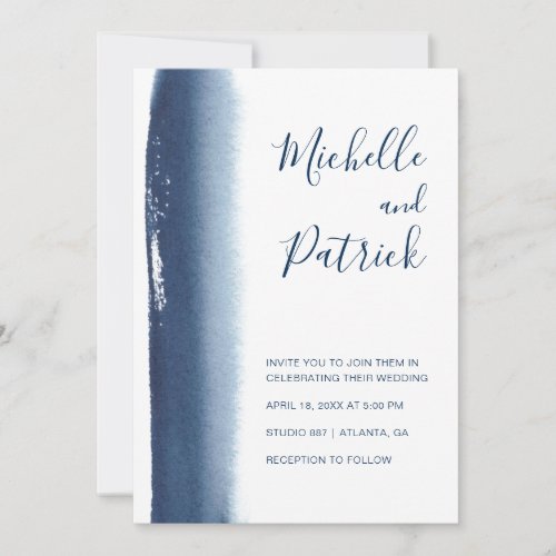 Creative Navy Blue Watercolor Brushstroke Wedding Invitation