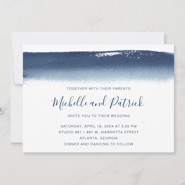Creative Navy Blue Watercolor Brushstroke Wedding Invitation (Front)