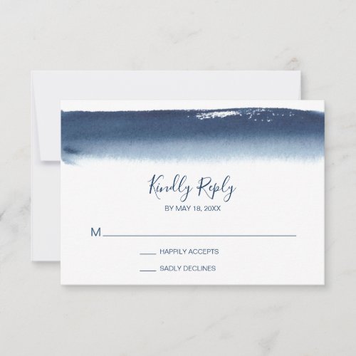 Creative Navy Blue Watercolor Brushstroke Wedding RSVP Card