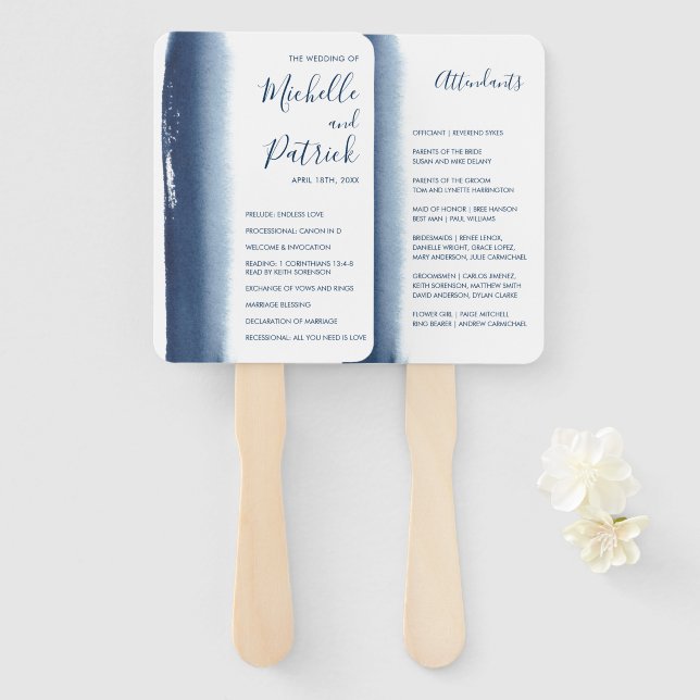 Creative Navy Blue Watercolor Wedding Program Hand Fan (Front and Back)