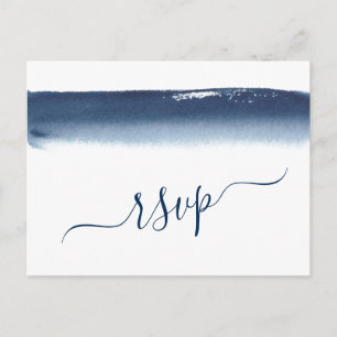 Creative Navy Blue Watercolor Wedding RSVP Invitation Postcard