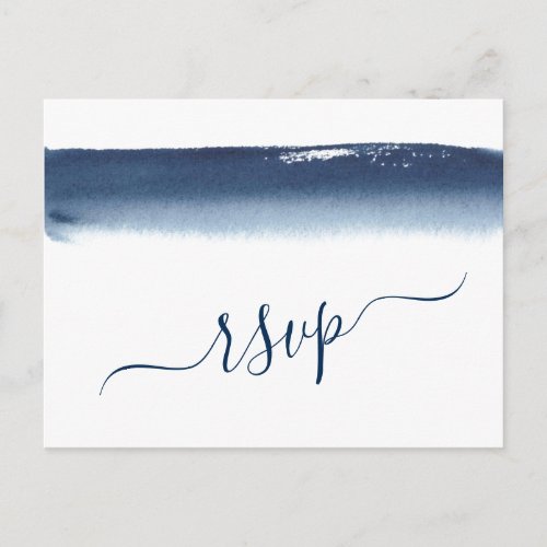 Creative Navy Blue Watercolor Wedding RSVP Invitation Postcard