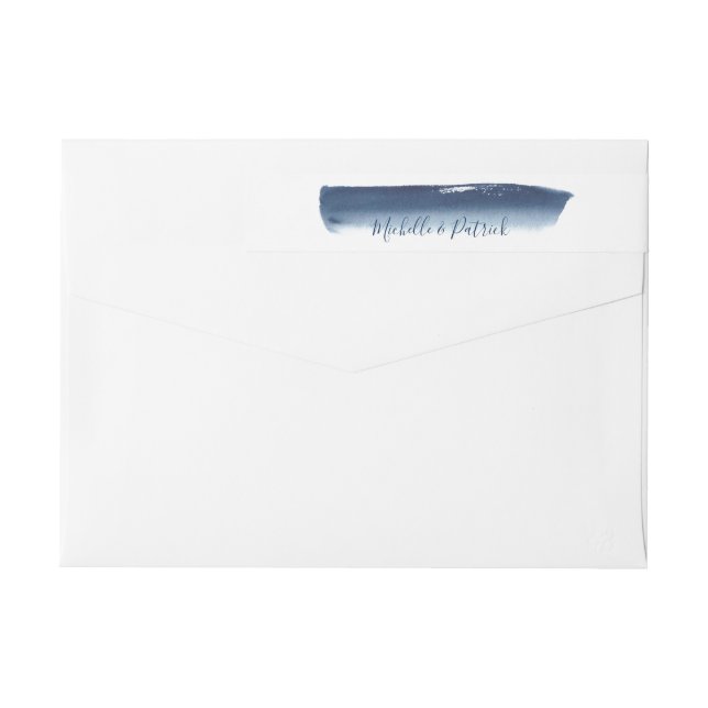 Creative Navy Brushstroke Wedding Return Address Wrap Around Label (Back)