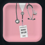 Creative Nurse Graduation Party Pink Paper Plates<br><div class="desc">Creative nursing school graduation party plates for cute nurse featuring pink hospital scrubs. Edit text to add name and medical credentials.</div>