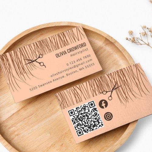 Creative Peach Fuzz QR Code Hairstylist Business Card