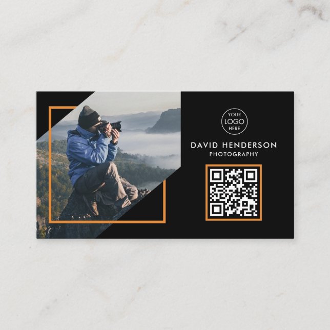 Creative Photographer Photography Black Qr Code Business Card (Front)