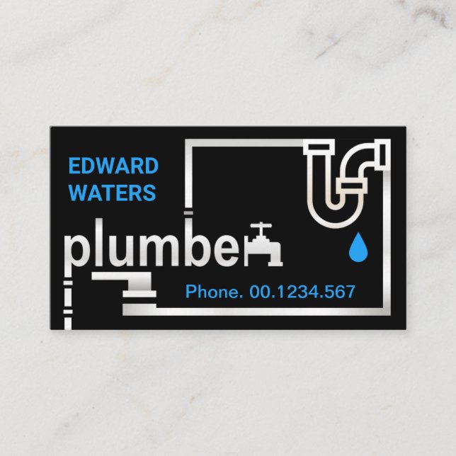 Creative Plumbing Pipes Silver Plumber Signage Business Card (Front)