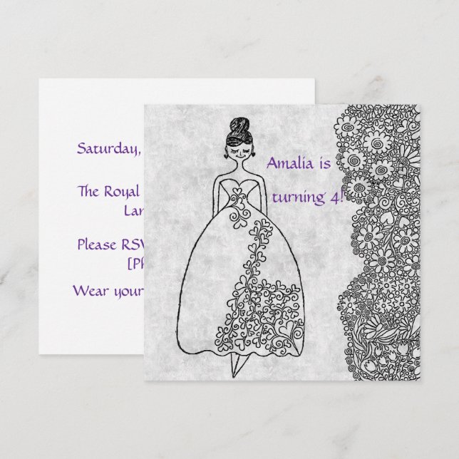 Creative Princess Coloring Book Style 4th Birthday Invitation (Front/Back)